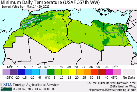 North Africa Minimum Daily Temperature (USAF 557th WW) Thematic Map For 3/14/2022 - 3/20/2022