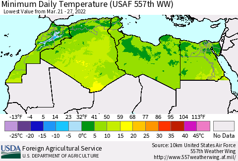North Africa Minimum Daily Temperature (USAF 557th WW) Thematic Map For 3/21/2022 - 3/27/2022