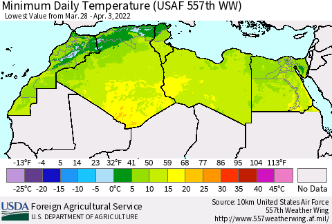 North Africa Minimum Daily Temperature (USAF 557th WW) Thematic Map For 3/28/2022 - 4/3/2022