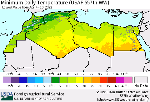 North Africa Minimum Daily Temperature (USAF 557th WW) Thematic Map For 4/4/2022 - 4/10/2022