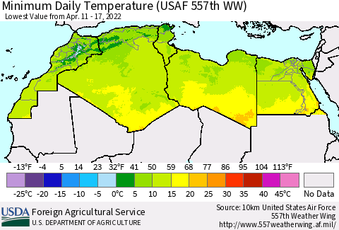 North Africa Minimum Daily Temperature (USAF 557th WW) Thematic Map For 4/11/2022 - 4/17/2022