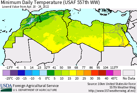 North Africa Minimum Daily Temperature (USAF 557th WW) Thematic Map For 4/18/2022 - 4/24/2022
