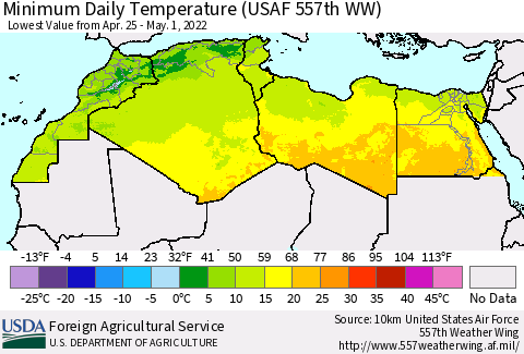 North Africa Minimum Daily Temperature (USAF 557th WW) Thematic Map For 4/25/2022 - 5/1/2022