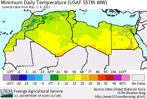 North Africa Minimum Daily Temperature (USAF 557th WW) Thematic Map For 5/2/2022 - 5/8/2022
