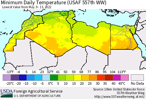 North Africa Minimum Daily Temperature (USAF 557th WW) Thematic Map For 5/9/2022 - 5/15/2022