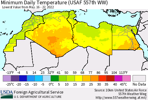 North Africa Minimum Daily Temperature (USAF 557th WW) Thematic Map For 5/16/2022 - 5/22/2022
