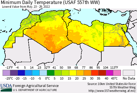North Africa Minimum Daily Temperature (USAF 557th WW) Thematic Map For 5/23/2022 - 5/29/2022