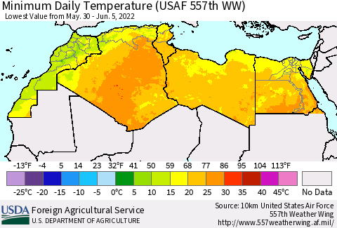 North Africa Minimum Daily Temperature (USAF 557th WW) Thematic Map For 5/30/2022 - 6/5/2022