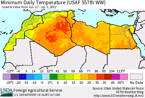 North Africa Minimum Daily Temperature (USAF 557th WW) Thematic Map For 6/27/2022 - 7/3/2022