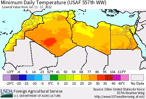 North Africa Minimum Daily Temperature (USAF 557th WW) Thematic Map For 7/11/2022 - 7/17/2022