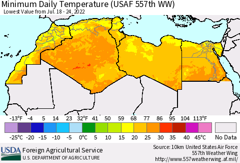North Africa Minimum Daily Temperature (USAF 557th WW) Thematic Map For 7/18/2022 - 7/24/2022
