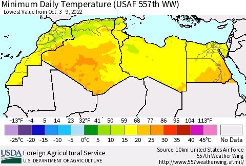 North Africa Minimum Daily Temperature (USAF 557th WW) Thematic Map For 10/3/2022 - 10/9/2022