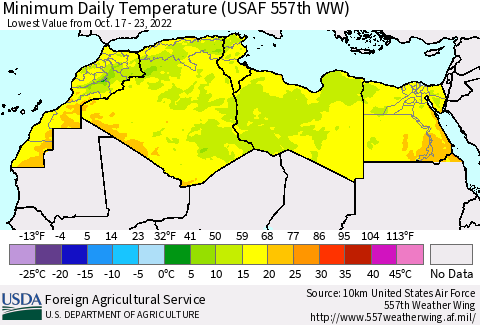 North Africa Minimum Daily Temperature (USAF 557th WW) Thematic Map For 10/17/2022 - 10/23/2022