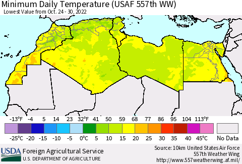 North Africa Minimum Daily Temperature (USAF 557th WW) Thematic Map For 10/24/2022 - 10/30/2022