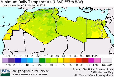 North Africa Minimum Daily Temperature (USAF 557th WW) Thematic Map For 10/31/2022 - 11/6/2022