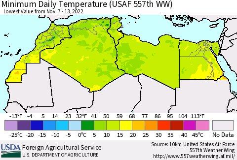North Africa Minimum Daily Temperature (USAF 557th WW) Thematic Map For 11/7/2022 - 11/13/2022