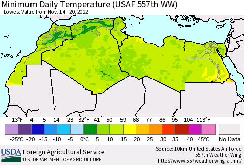 North Africa Minimum Daily Temperature (USAF 557th WW) Thematic Map For 11/14/2022 - 11/20/2022