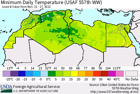 North Africa Minimum Daily Temperature (USAF 557th WW) Thematic Map For 11/21/2022 - 11/27/2022