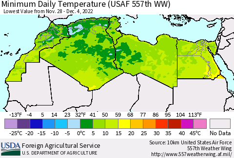 North Africa Minimum Daily Temperature (USAF 557th WW) Thematic Map For 11/28/2022 - 12/4/2022
