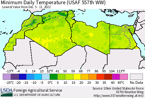 North Africa Minimum Daily Temperature (USAF 557th WW) Thematic Map For 12/5/2022 - 12/11/2022