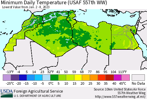 North Africa Minimum Daily Temperature (USAF 557th WW) Thematic Map For 1/2/2023 - 1/8/2023