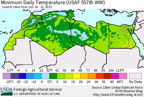 North Africa Minimum Daily Temperature (USAF 557th WW) Thematic Map For 1/16/2023 - 1/22/2023