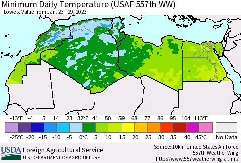 North Africa Minimum Daily Temperature (USAF 557th WW) Thematic Map For 1/23/2023 - 1/29/2023