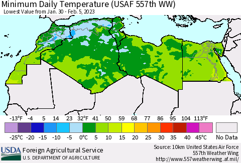 North Africa Minimum Daily Temperature (USAF 557th WW) Thematic Map For 1/30/2023 - 2/5/2023