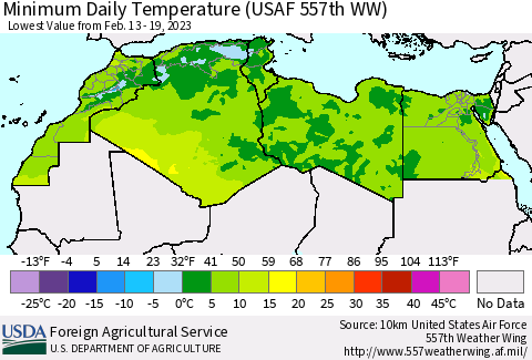 North Africa Minimum Daily Temperature (USAF 557th WW) Thematic Map For 2/13/2023 - 2/19/2023