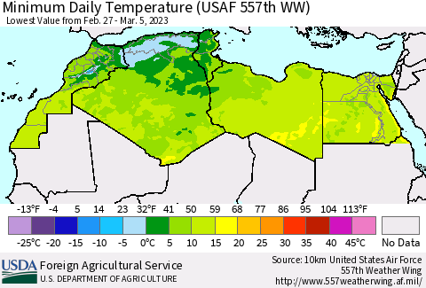 North Africa Minimum Daily Temperature (USAF 557th WW) Thematic Map For 2/27/2023 - 3/5/2023