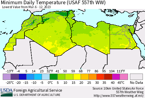 North Africa Minimum Daily Temperature (USAF 557th WW) Thematic Map For 3/6/2023 - 3/12/2023
