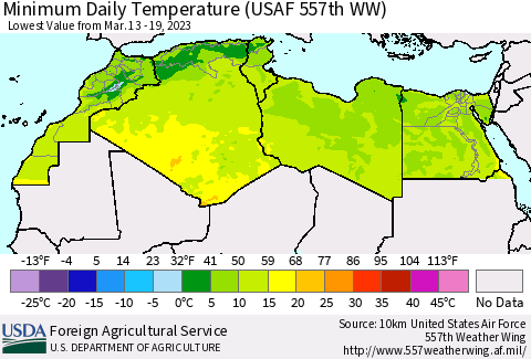North Africa Minimum Daily Temperature (USAF 557th WW) Thematic Map For 3/13/2023 - 3/19/2023