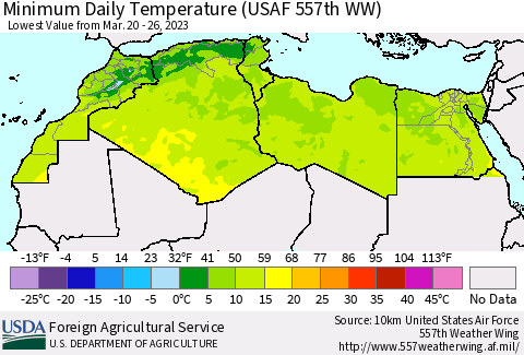North Africa Minimum Daily Temperature (USAF 557th WW) Thematic Map For 3/20/2023 - 3/26/2023
