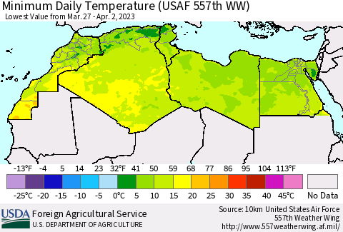 North Africa Minimum Daily Temperature (USAF 557th WW) Thematic Map For 3/27/2023 - 4/2/2023
