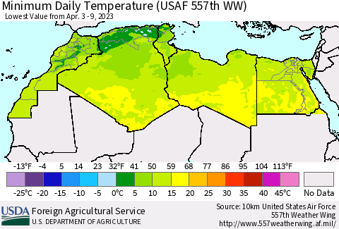 North Africa Minimum Daily Temperature (USAF 557th WW) Thematic Map For 4/3/2023 - 4/9/2023