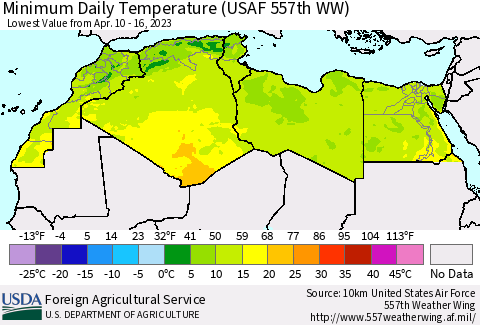 North Africa Minimum Daily Temperature (USAF 557th WW) Thematic Map For 4/10/2023 - 4/16/2023