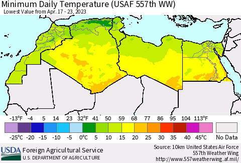 North Africa Minimum Daily Temperature (USAF 557th WW) Thematic Map For 4/17/2023 - 4/23/2023