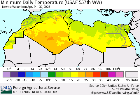 North Africa Minimum Daily Temperature (USAF 557th WW) Thematic Map For 4/24/2023 - 4/30/2023