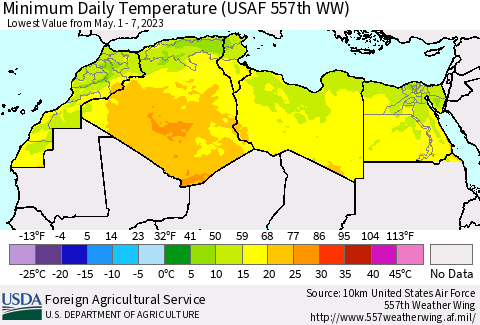 North Africa Minimum Daily Temperature (USAF 557th WW) Thematic Map For 5/1/2023 - 5/7/2023