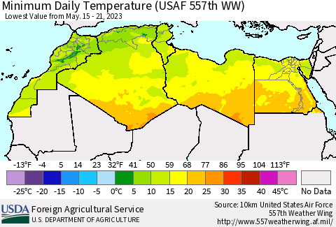 North Africa Minimum Daily Temperature (USAF 557th WW) Thematic Map For 5/15/2023 - 5/21/2023