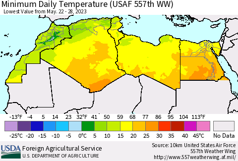 North Africa Minimum Daily Temperature (USAF 557th WW) Thematic Map For 5/22/2023 - 5/28/2023