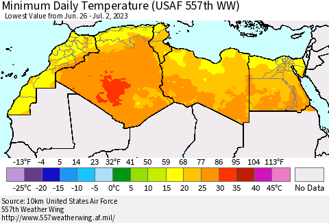 North Africa Minimum Daily Temperature (USAF 557th WW) Thematic Map For 6/26/2023 - 7/2/2023