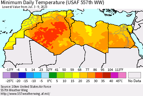 North Africa Minimum Daily Temperature (USAF 557th WW) Thematic Map For 7/3/2023 - 7/9/2023