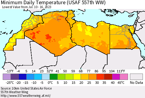 North Africa Minimum Daily Temperature (USAF 557th WW) Thematic Map For 7/10/2023 - 7/16/2023