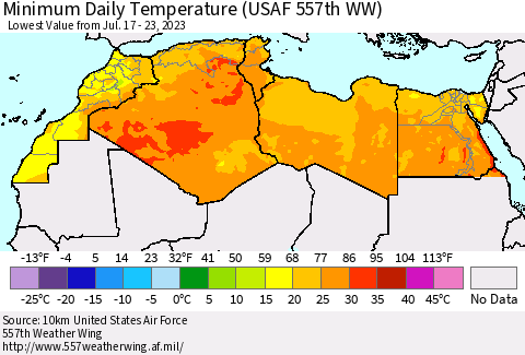North Africa Minimum Daily Temperature (USAF 557th WW) Thematic Map For 7/17/2023 - 7/23/2023