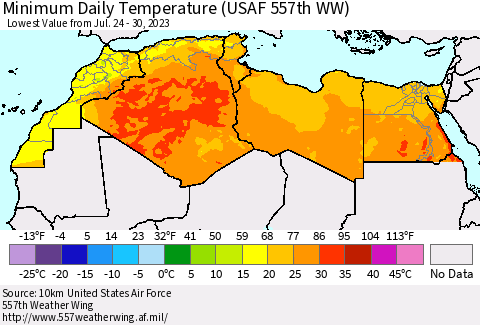 North Africa Minimum Daily Temperature (USAF 557th WW) Thematic Map For 7/24/2023 - 7/30/2023