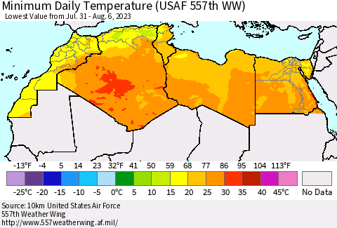 North Africa Minimum Daily Temperature (USAF 557th WW) Thematic Map For 7/31/2023 - 8/6/2023