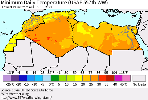 North Africa Minimum Daily Temperature (USAF 557th WW) Thematic Map For 8/7/2023 - 8/13/2023