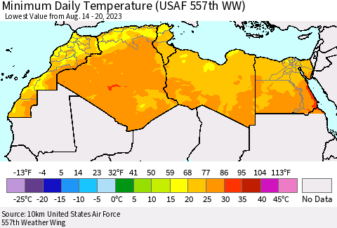 North Africa Minimum Daily Temperature (USAF 557th WW) Thematic Map For 8/14/2023 - 8/20/2023