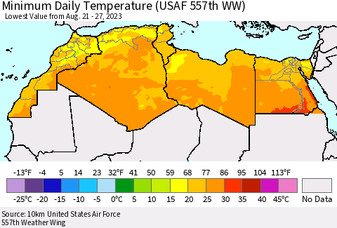 North Africa Minimum Daily Temperature (USAF 557th WW) Thematic Map For 8/21/2023 - 8/27/2023